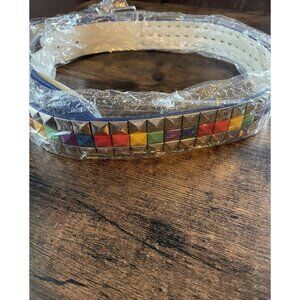 White Faux Leather Belt with Rainbow & Silver Studs – Colorful Design